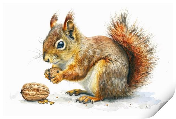 Watercolor of a cut squirrel with a nut on white. Print by Michael Piepgras