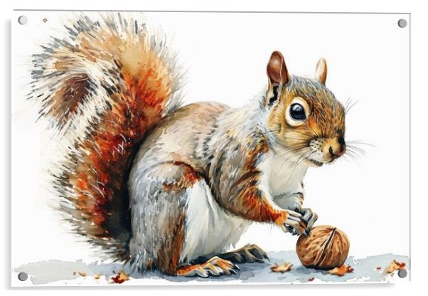 Watercolor of a cut squirrel with a nut on white. Acrylic by Michael Piepgras