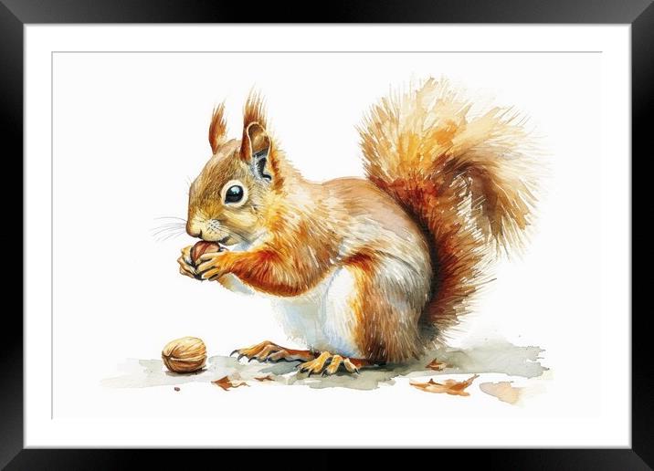 Watercolor of a cut squirrel with a nut on white. Framed Mounted Print by Michael Piepgras