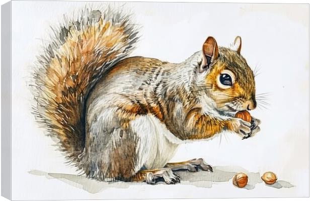 Watercolor of a cut squirrel with a nut on white. Canvas Print by Michael Piepgras