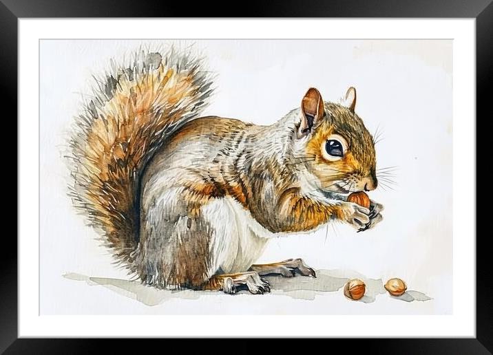 Watercolor of a cut squirrel with a nut on white. Framed Mounted Print by Michael Piepgras