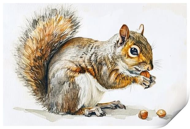 Watercolor of a cut squirrel with a nut on white. Print by Michael Piepgras