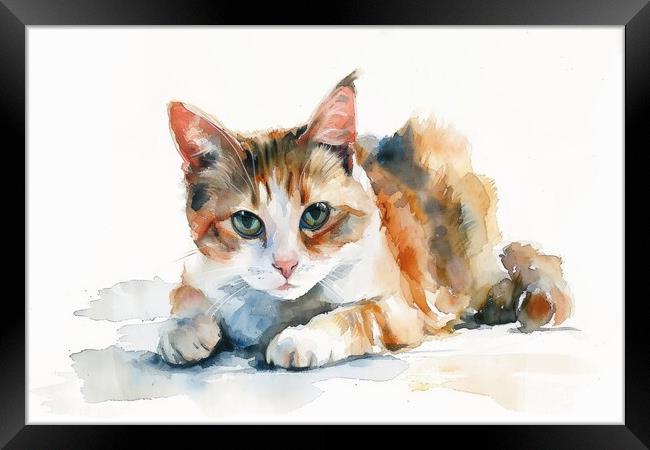 Watercolor of a cute cat on white. Framed Print by Michael Piepgras