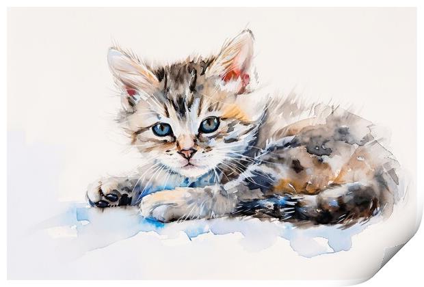 Watercolor of a cute cat on white. Print by Michael Piepgras