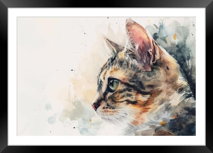 Watercolor of a cute cat on white. Framed Mounted Print by Michael Piepgras