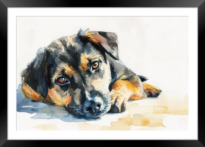 Watercolor of a cute dog on white. Framed Mounted Print by Michael Piepgras