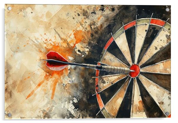 Watercolor of a dart hitting the target perfectly. Acrylic by Michael Piepgras