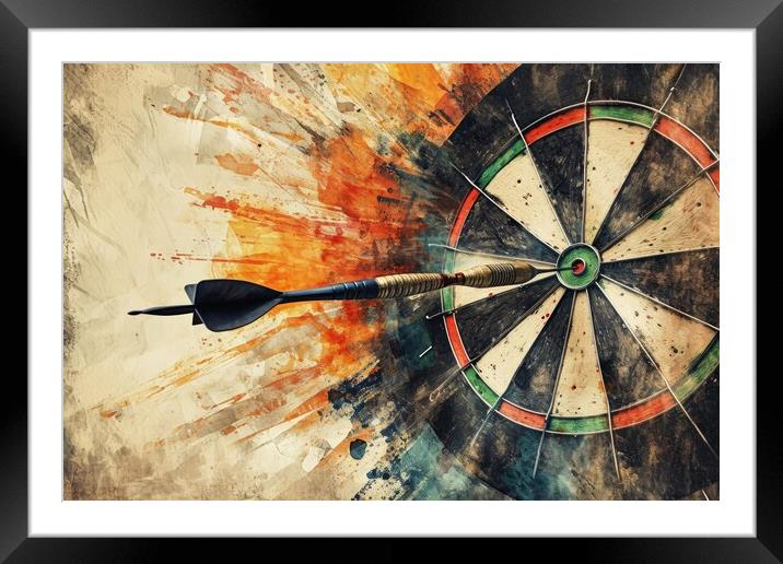 Watercolor of a dart hitting the target perfectly. Framed Mounted Print by Michael Piepgras