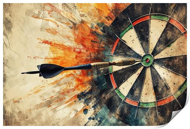 Watercolor of a dart hitting the target perfectly. Print by Michael Piepgras