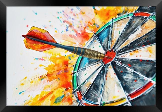 Watercolor of a dart hitting the target perfectly. Framed Print by Michael Piepgras
