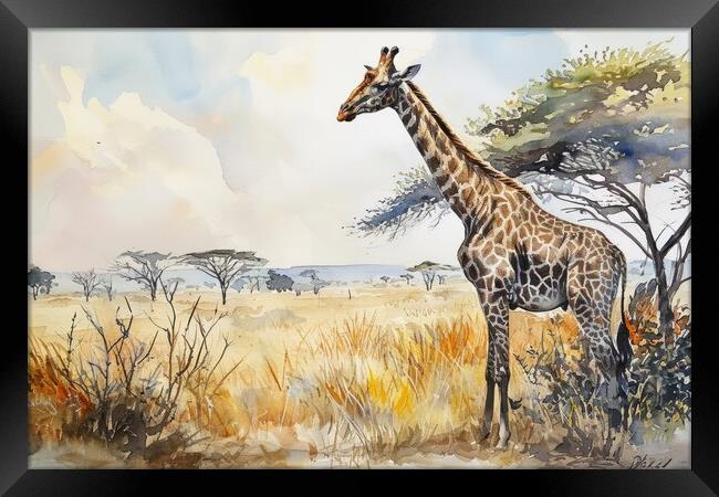 Watercolor of a Giraffe in the Savannah. Framed Print by Michael Piepgras