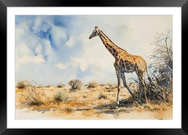 Watercolor of a Giraffe in the Savannah. Framed Mounted Print by Michael Piepgras