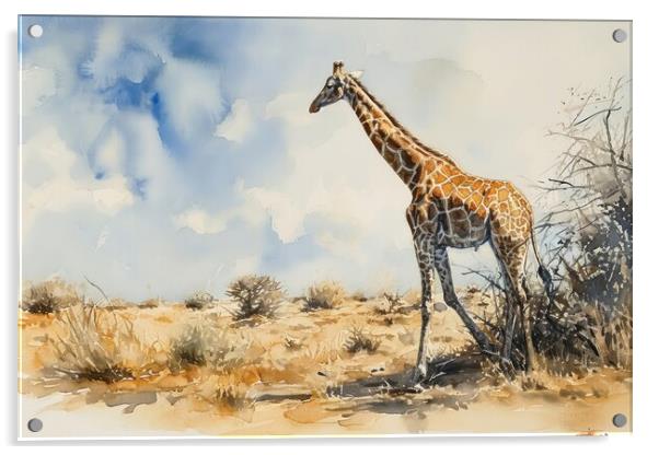 Watercolor of a Giraffe in the Savannah. Acrylic by Michael Piepgras