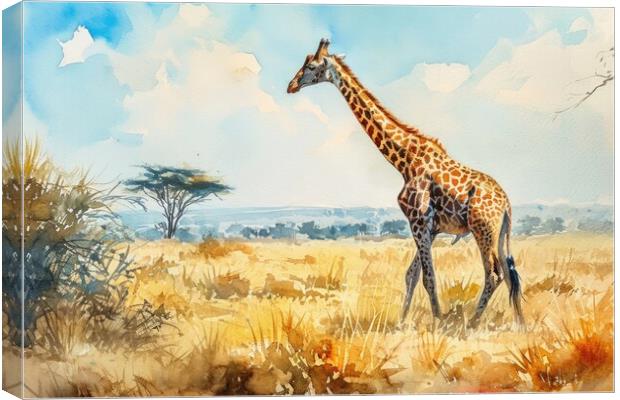 Watercolor of a Giraffe in the Savannah. Canvas Print by Michael Piepgras