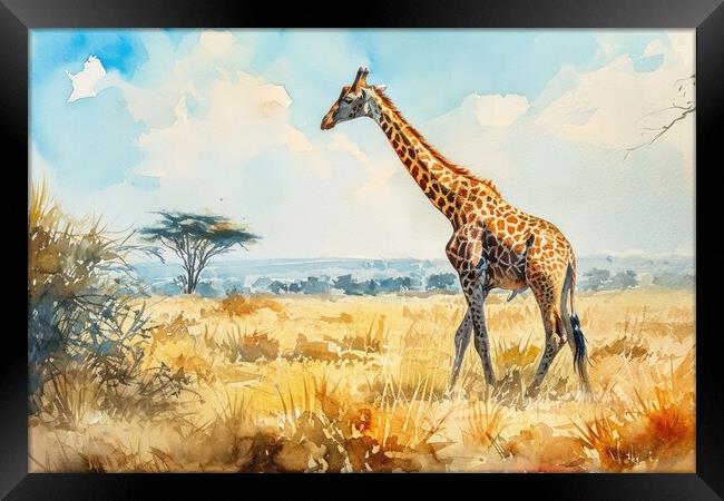 Watercolor of a Giraffe in the Savannah. Framed Print by Michael Piepgras