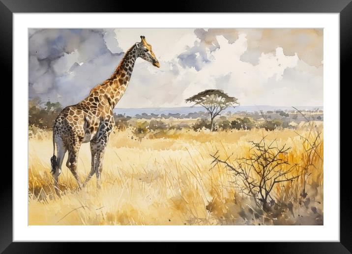 Watercolor of a Giraffe in the Savannah. Framed Mounted Print by Michael Piepgras