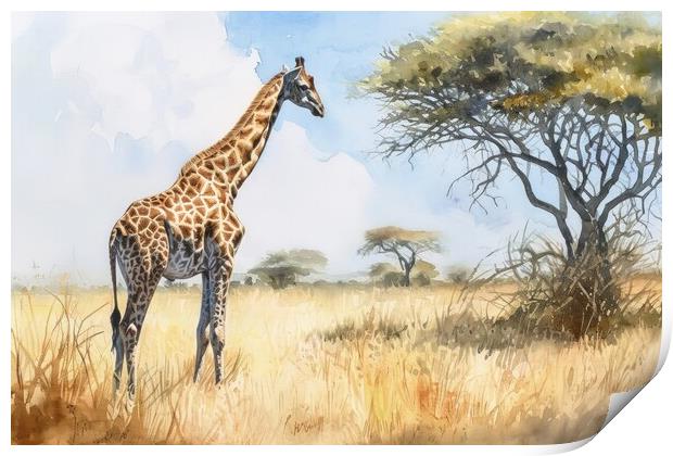 Watercolor of a Giraffe in the Savannah. Print by Michael Piepgras
