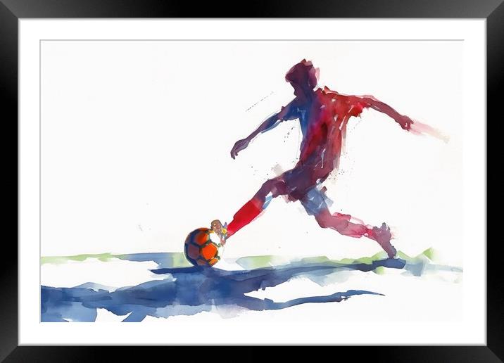 Watercolor of a soccer player on white. Framed Mounted Print by Michael Piepgras