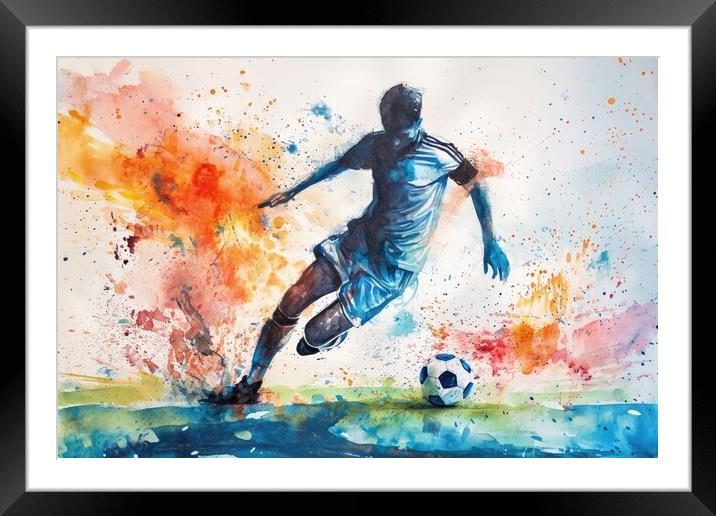 Watercolor of a soccer player on white. Framed Mounted Print by Michael Piepgras