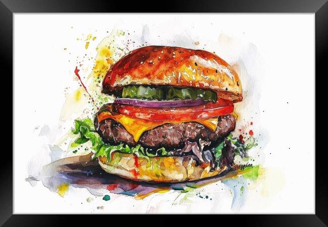 Watercolor of a tasty burger on white. Framed Print by Michael Piepgras