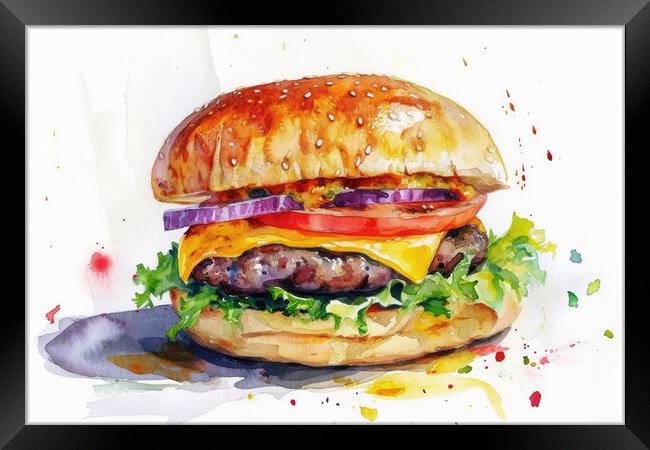 Watercolor of a tasty burger on white. Framed Print by Michael Piepgras