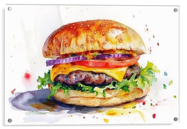 Watercolor of a tasty burger on white. Acrylic by Michael Piepgras