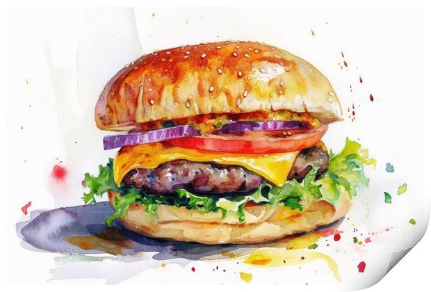 Watercolor of a tasty burger on white. Print by Michael Piepgras