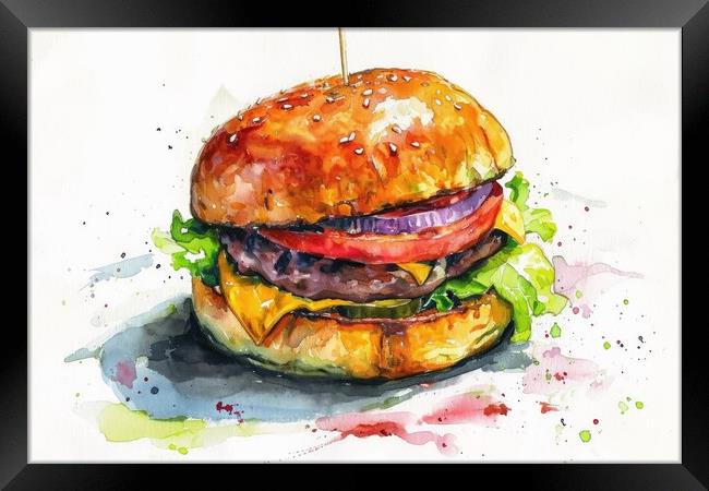 Watercolor of a tasty burger on white. Framed Print by Michael Piepgras