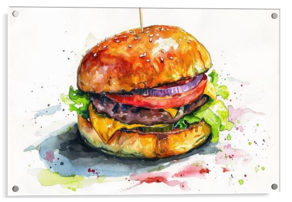 Watercolor of a tasty burger on white. Acrylic by Michael Piepgras