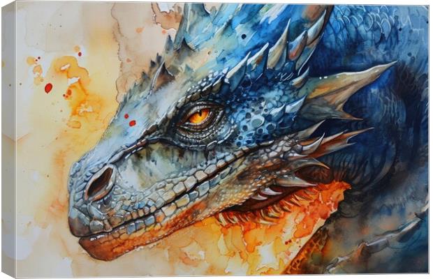 Watercolor of an impressive dragon spying fire. Canvas Print by Michael Piepgras