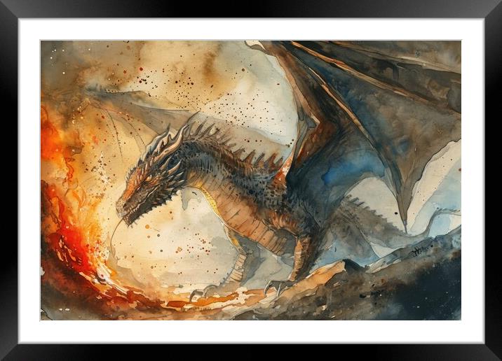 Watercolor of an impressive dragon spying fire. Framed Mounted Print by Michael Piepgras