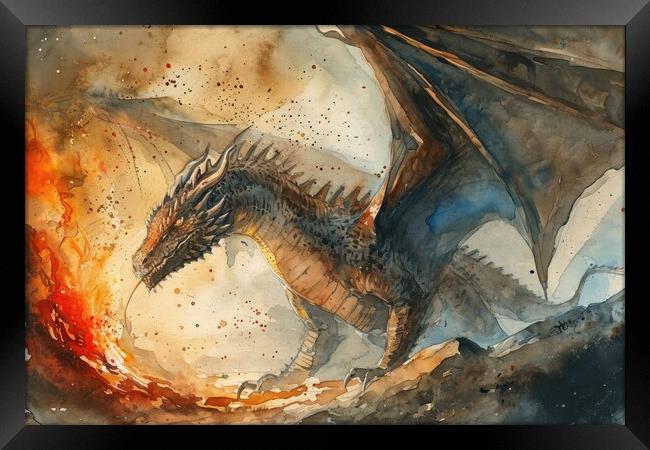 Watercolor of an impressive dragon spying fire. Framed Print by Michael Piepgras