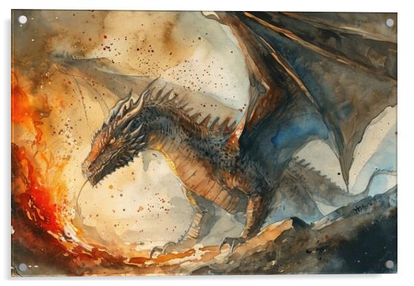 Watercolor of an impressive dragon spying fire. Acrylic by Michael Piepgras