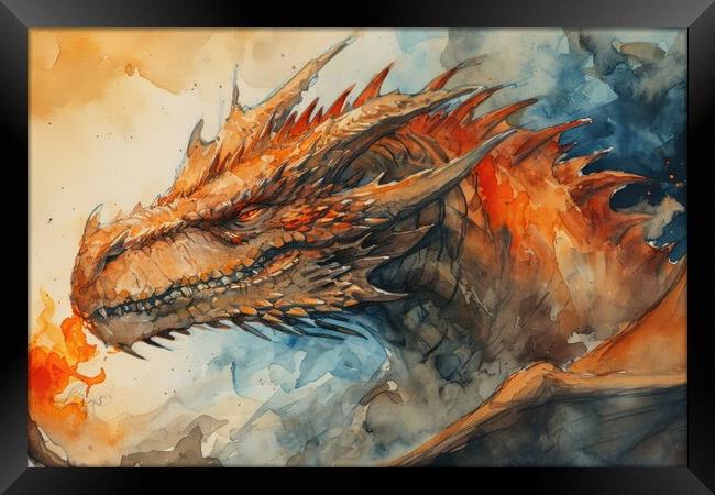 Watercolor of an impressive dragon spying fire. Framed Print by Michael Piepgras