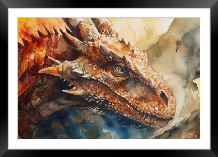 Watercolor of an impressive dragon spying fire. Framed Mounted Print by Michael Piepgras