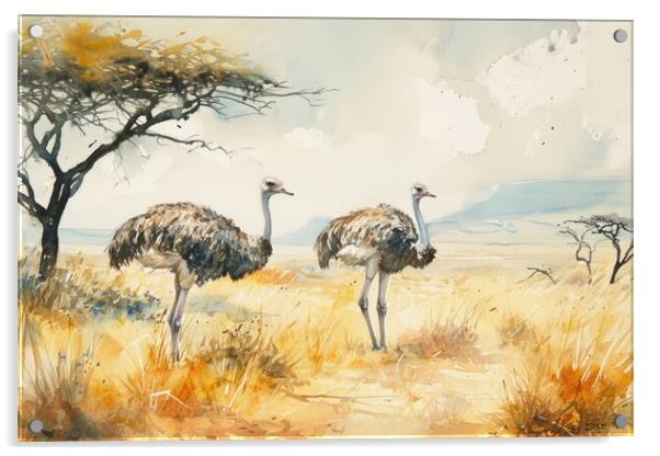 Watercolor of an Ostrich couple in the savannah. Acrylic by Michael Piepgras