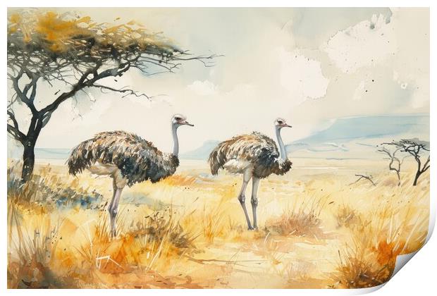 Watercolor of an Ostrich couple in the savannah. Print by Michael Piepgras