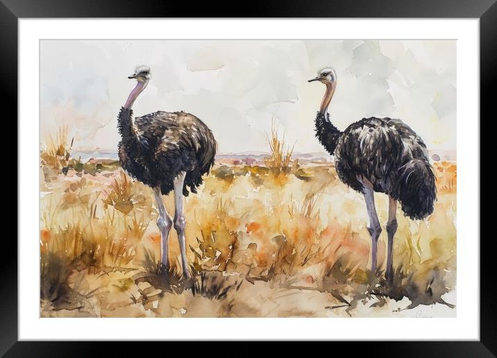 Watercolor of an Ostrich couple in the savannah. Framed Mounted Print by Michael Piepgras