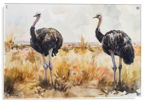 Watercolor of an Ostrich couple in the savannah. Acrylic by Michael Piepgras