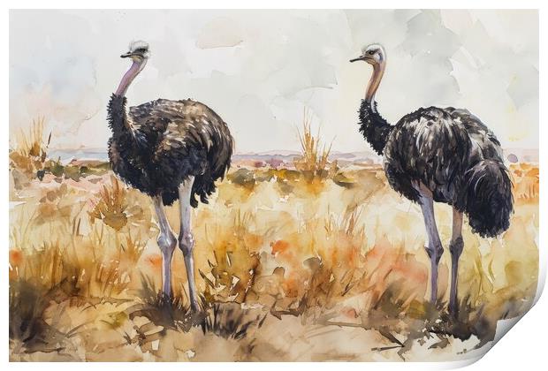 Watercolor of an Ostrich couple in the savannah. Print by Michael Piepgras
