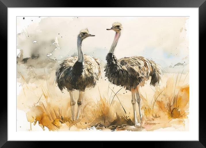 Watercolor of an Ostrich couple in the savannah. Framed Mounted Print by Michael Piepgras