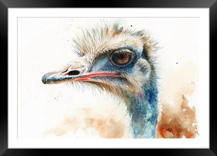 Watercolor of an Ostrich on white. Framed Mounted Print by Michael Piepgras