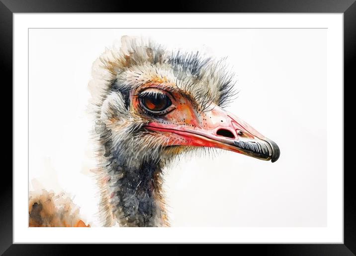 Watercolor of an Ostrich on white. Framed Mounted Print by Michael Piepgras