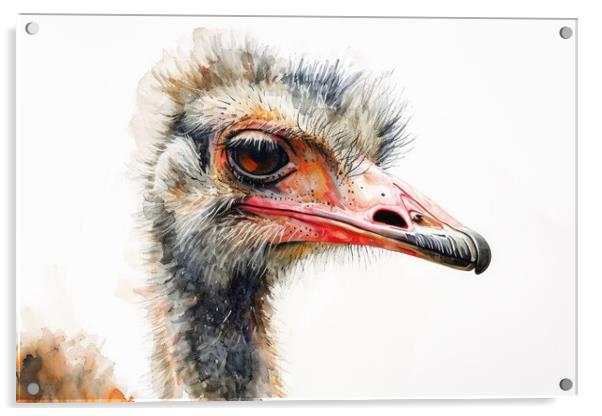 Watercolor of an Ostrich on white. Acrylic by Michael Piepgras