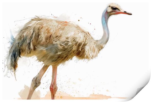 Watercolor of an Ostrich on white. Print by Michael Piepgras