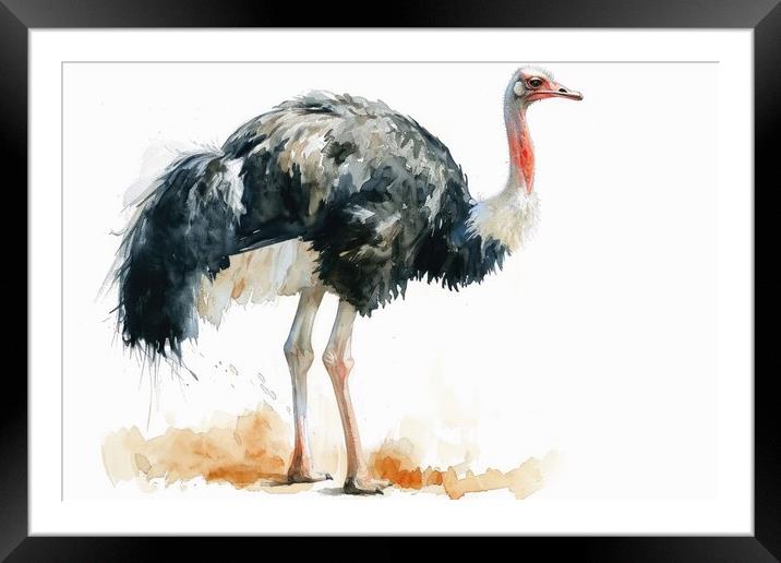 Watercolor of an Ostrich on white. Framed Mounted Print by Michael Piepgras
