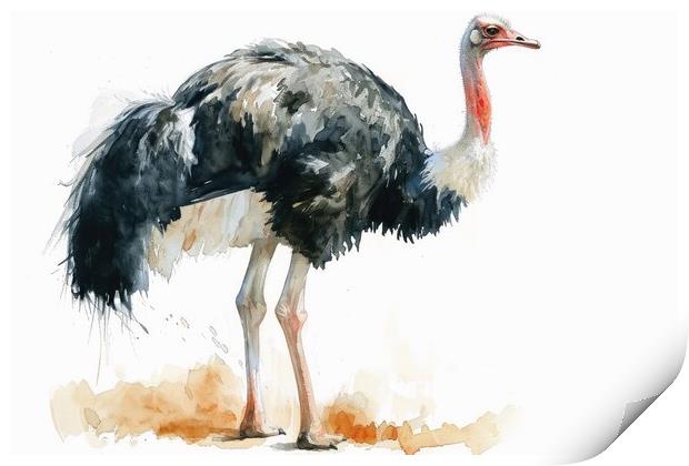 Watercolor of an Ostrich on white. Print by Michael Piepgras
