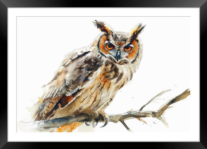 Watercolor of an owl on white. Framed Mounted Print by Michael Piepgras