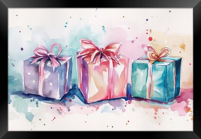 Watercolor of beautiful wrapped gifts and presents. Framed Print by Michael Piepgras
