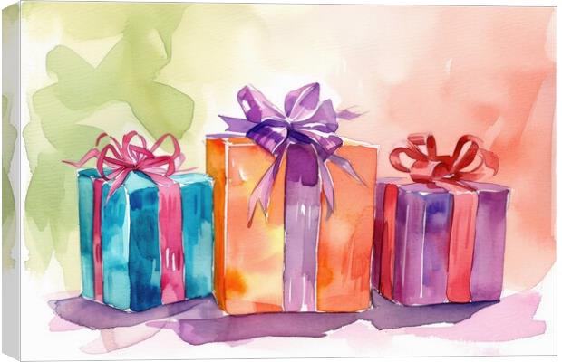 Watercolor of beautiful wrapped gifts and presents. Canvas Print by Michael Piepgras